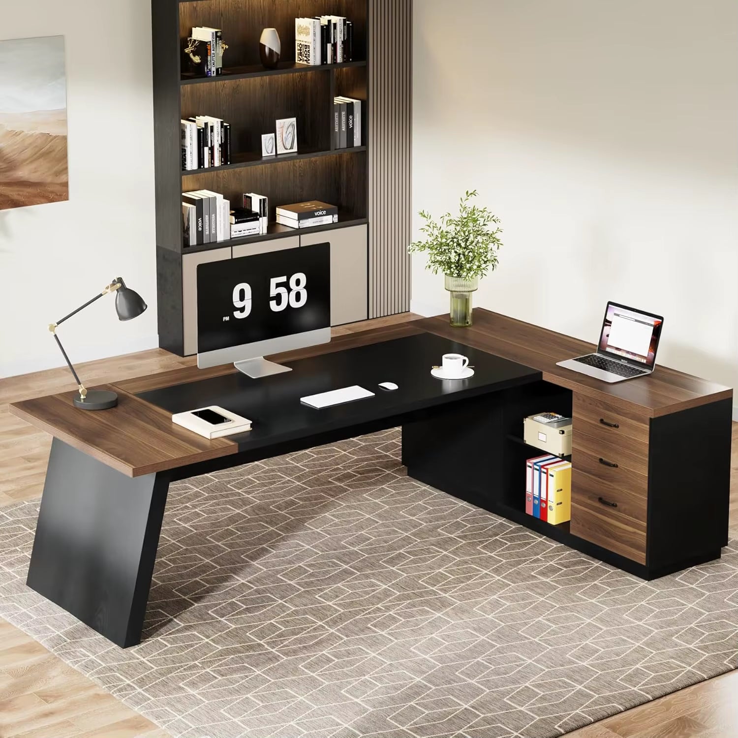 78" L-Shaped Desk, Modern Executive Desk with Drawers and Lateral File Cabinet, Office (Light Walnut + Black)