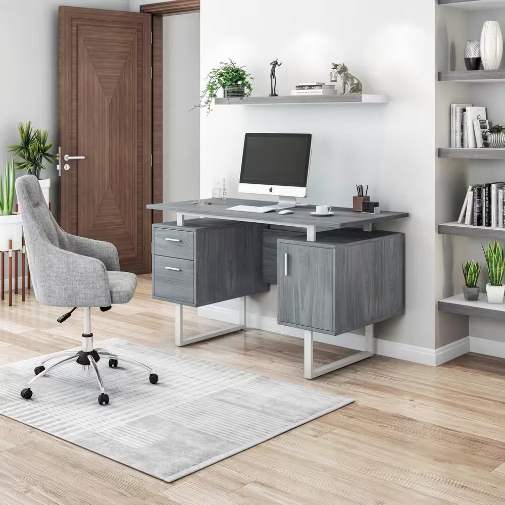 51.25 In. Gray and Silver 2 Drawer Modern Office Desk with Drawers and Storage Cabinet